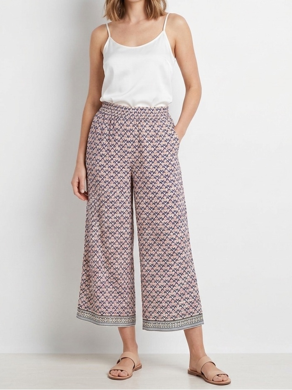 Max Studio Navy, Cream & Peach Printed Wide-Leg Cropped Pants